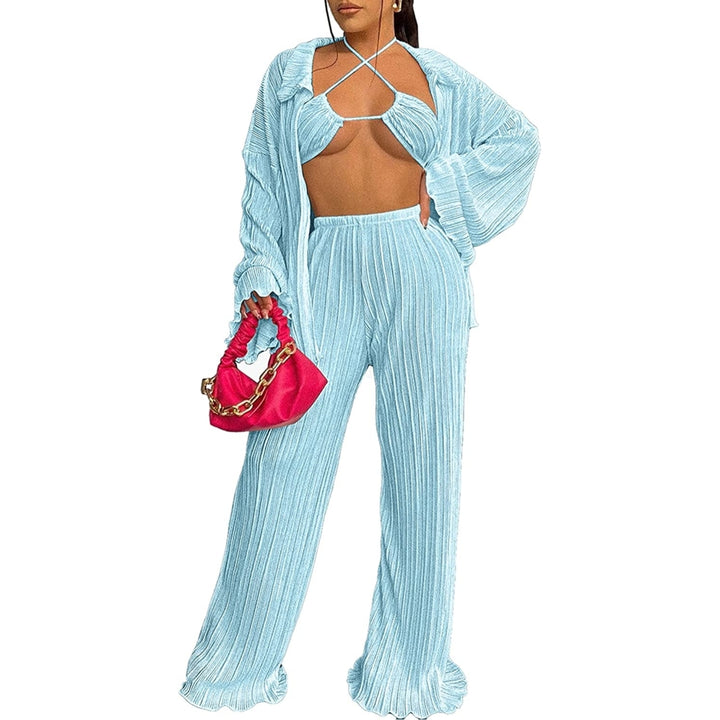 Sweatsuits for Women Set Cardigan 3 Piece Outfits Casual Loose Tracksuit Ruffle Long Sleeve Pleated Bra Womens Image 3