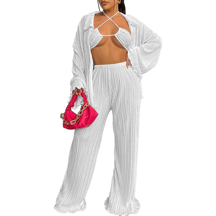 Sweatsuits for Women Set Cardigan 3 Piece Outfits Casual Loose Tracksuit Ruffle Long Sleeve Pleated Bra Womens Image 8