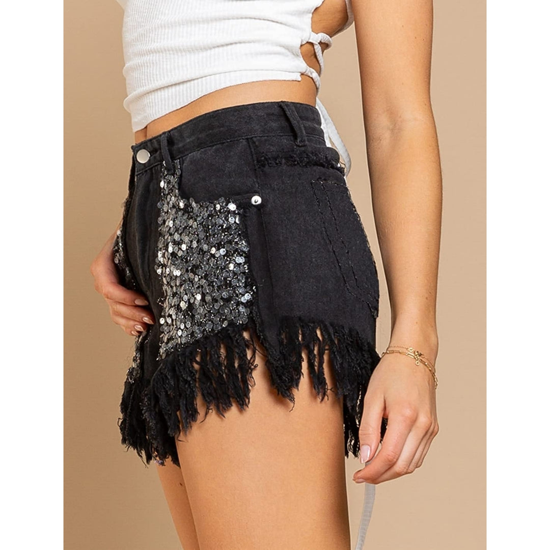 Womens Sequin Pockets Curly Fringe Casual Denim Shorts Summer Mid Rise Ripped Stretchy Jeans Shorts Image 4