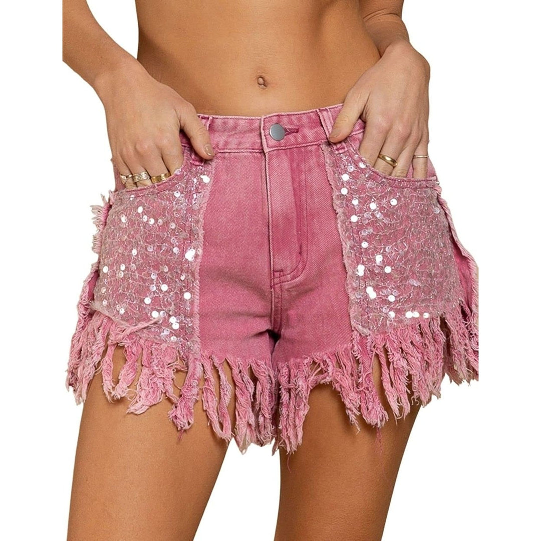 Womens Sequin Pockets Curly Fringe Casual Denim Shorts Summer Mid Rise Ripped Stretchy Jeans Shorts Image 1