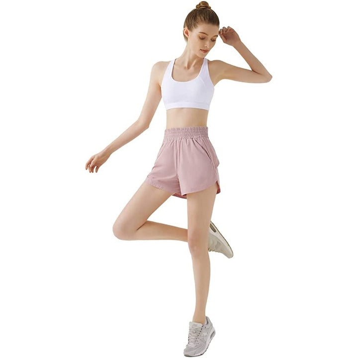 Womens Running Shorts Elastic High Waisted Shorts Quick Dry Athletic Gym Track Workout Shorts Zip Pocket Image 3