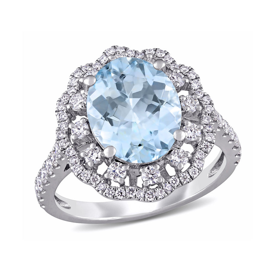 2.77 Carat (ctw) Aquamarine Halo Cocktail Ring with Diamonds 3/4 Carat (ctw) in 14K White Gold Image 1