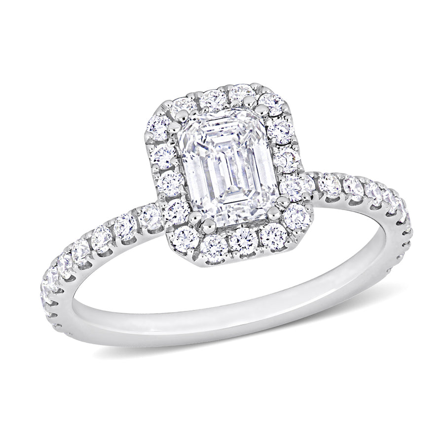 1.60 Carat (ctw VS2-Si1K-L-M) Diamond Emerald-Cut Halo Engagement Ring in 14k White Gold Image 1