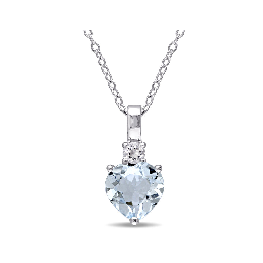 1.50 Carat (ctw) Aquamarine Heart Solitaire Pendant Necklace in Sterling Silver with Chain and Lab-Created White Image 1