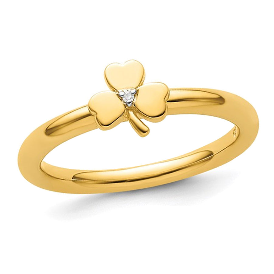 Yellow Plated Sterling Silver Clover Ring with Accent Diamond Image 1
