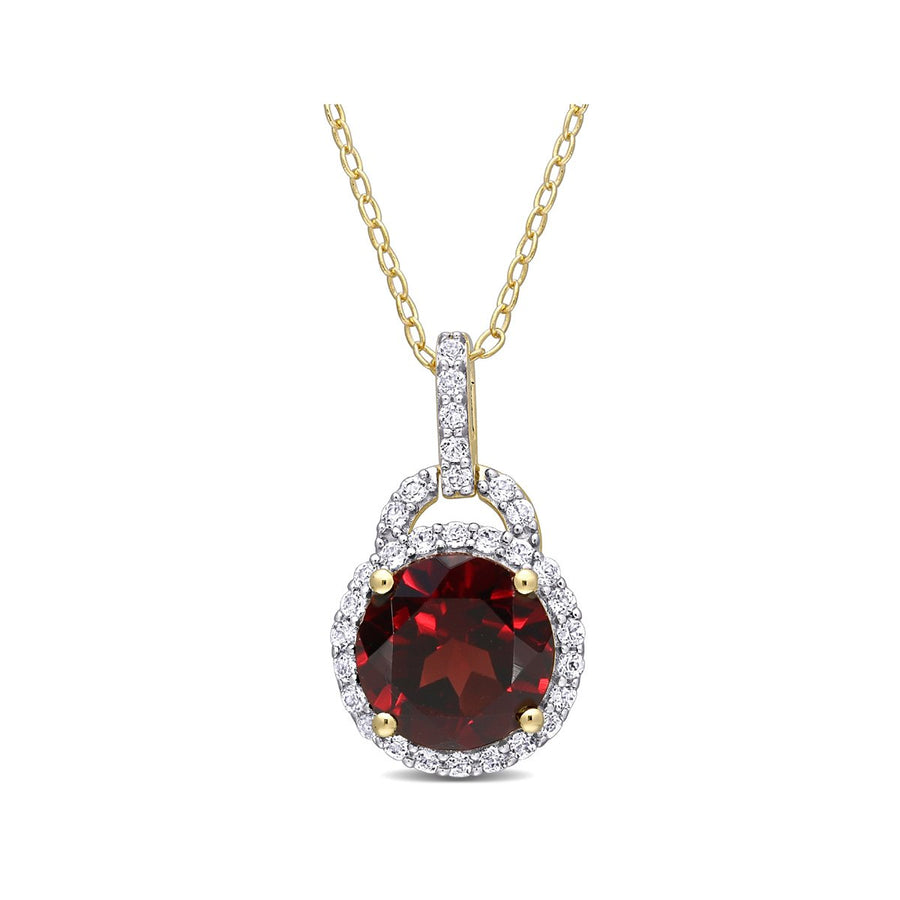 3.00 Carat (ctw) Garnet Halo Pendant Necklace in Yellow Plated Sterling Silver with Chain Image 1