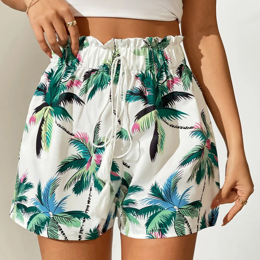 Tropical Print Knot Front Paperbag Waist Wide Leg Shorts Image 1