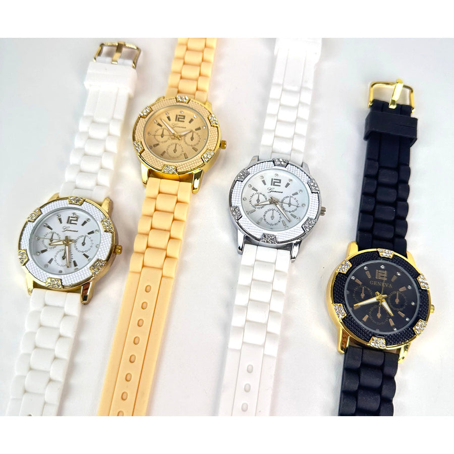 CLEARANCE SALE - Geneva Silicon Band Watch Wholesale 4 Colors Crystal Bezel Watches for Women Image 1