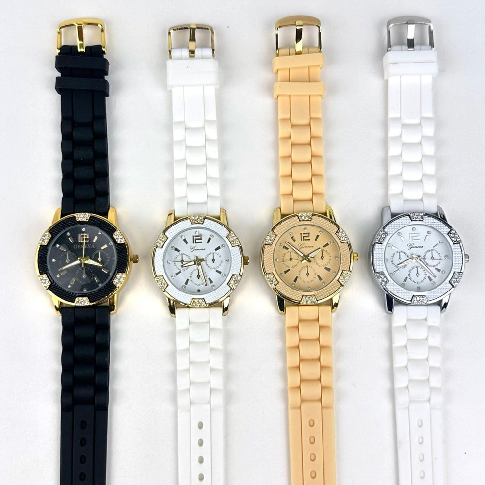 CLEARANCE SALE - Geneva Silicon Band Watch Wholesale 4 Colors Crystal Bezel Watches for Women Image 2