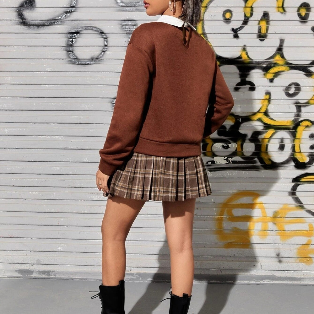 Contrast Collar Drop Shoulder 2 In 1 Pullover and Plaid Pleated Skirt Image 2