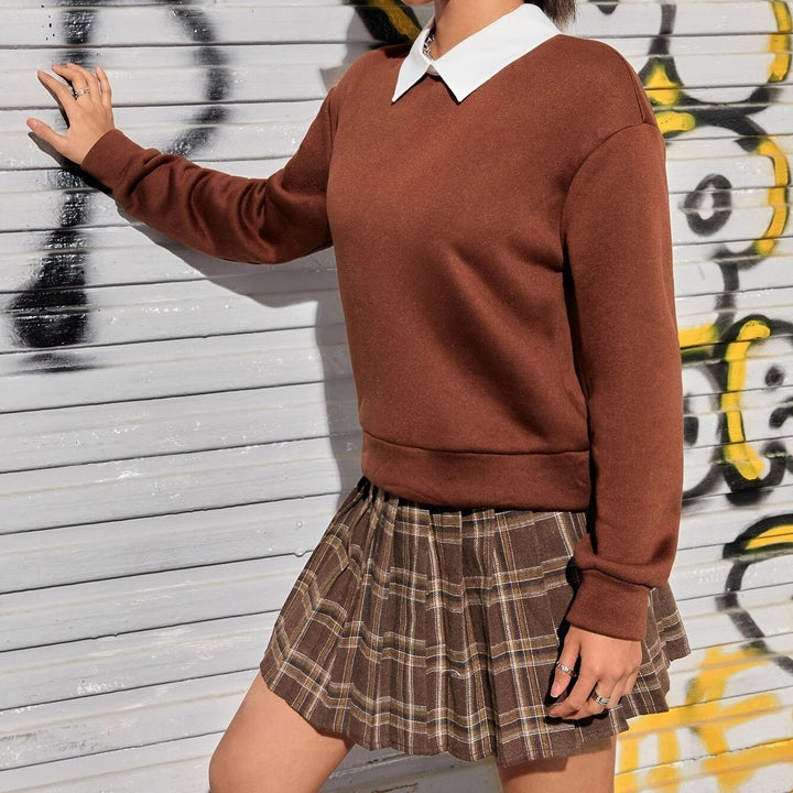 Contrast Collar Drop Shoulder 2 In 1 Pullover and Plaid Pleated Skirt Image 4