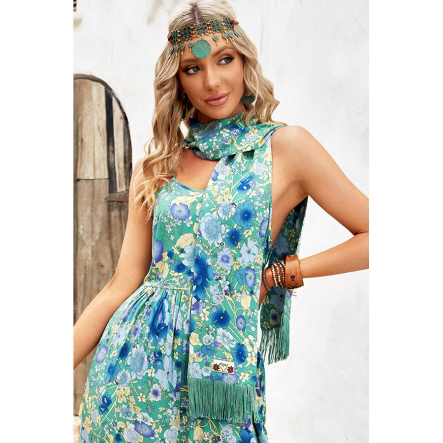 Green Boho Floral Print Headscarf with Fringe Image 1