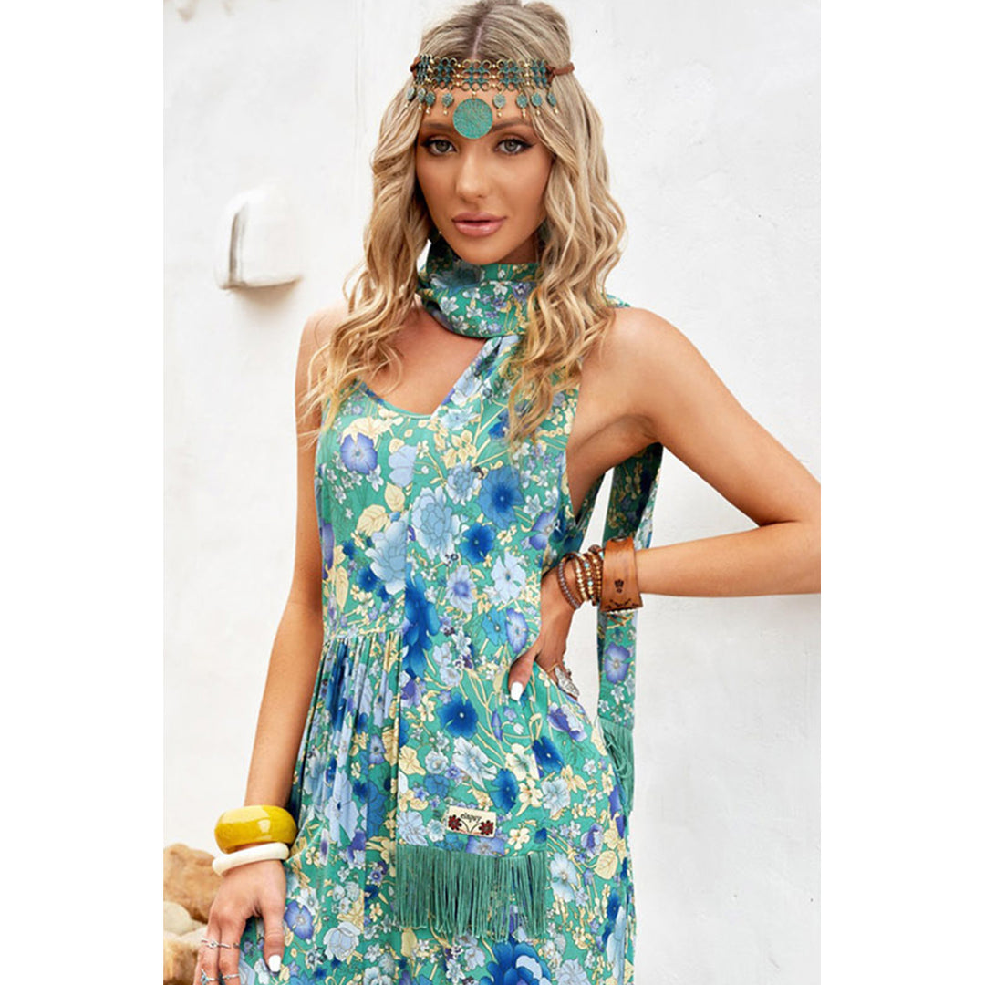 Green Boho Floral Print Headscarf with Fringe Image 3