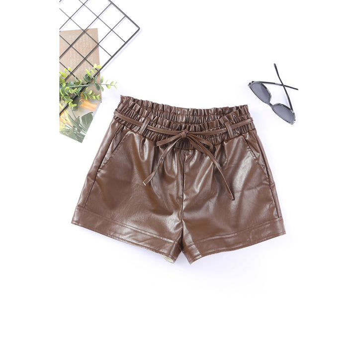 Womens Brown PU Leather Belted High Waist Shorts Image 1