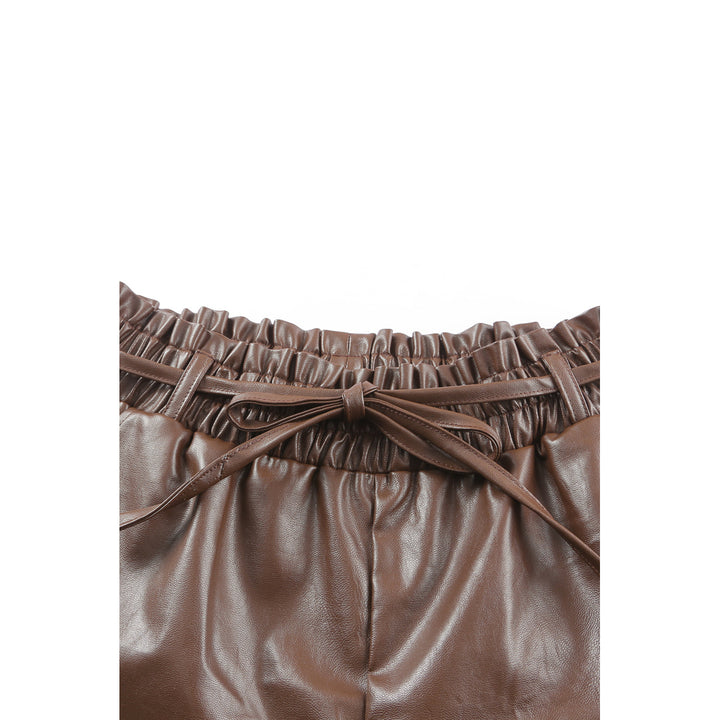 Womens Brown PU Leather Belted High Waist Shorts Image 3