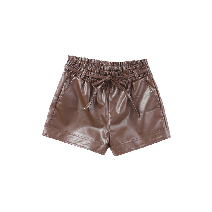 Womens Brown PU Leather Belted High Waist Shorts Image 7