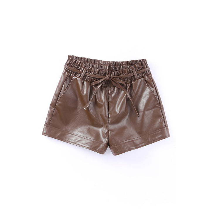 Womens Brown PU Leather Belted High Waist Shorts Image 8