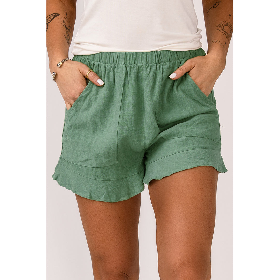 Womens Green High Waist Pocketed Ruffle Shorts Image 3
