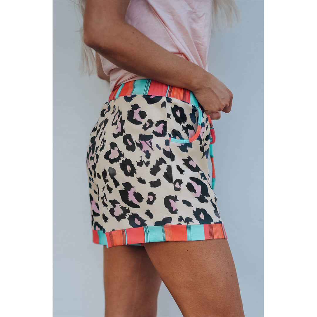 Womens Leopard Striped Patchwork Drawstring Mid Waist Shorts Image 3