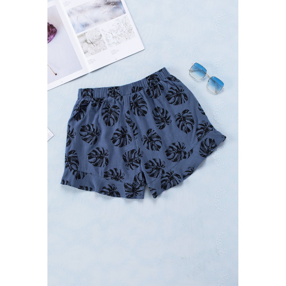 Womens Blue Palm Tree Leaves Print Elastic Waist Shorts with Pocket Image 2