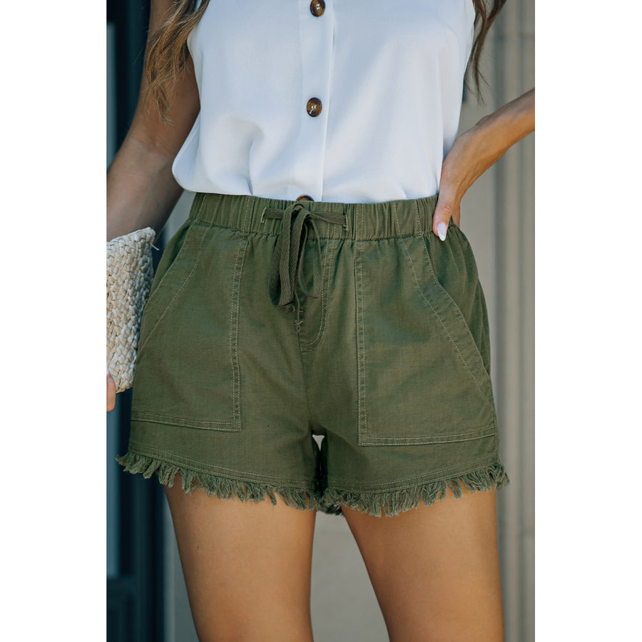 Womens Green Casual Pocketed Frayed Denim Shorts Image 1