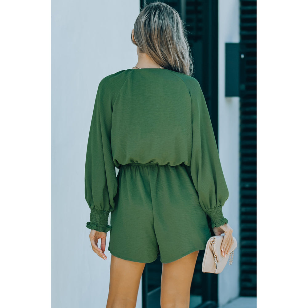 Womens Green Tie Knot Puff Long Sleeve Romper Image 2