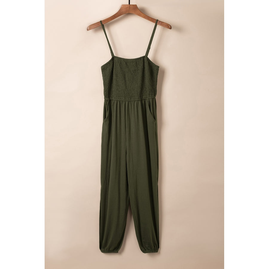 Womens Green Smocked Top Jogger Jumpsuit Image 1