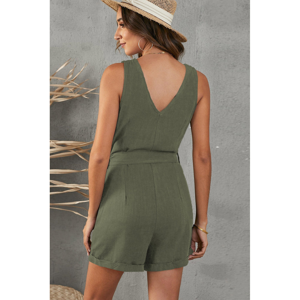 Womens Green Button V Neck Romper with Belt Image 2