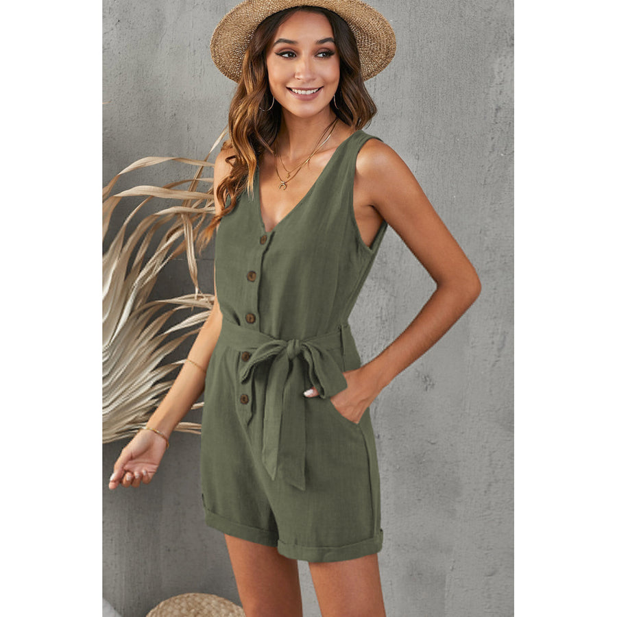Womens Green Button V Neck Romper with Belt Image 1
