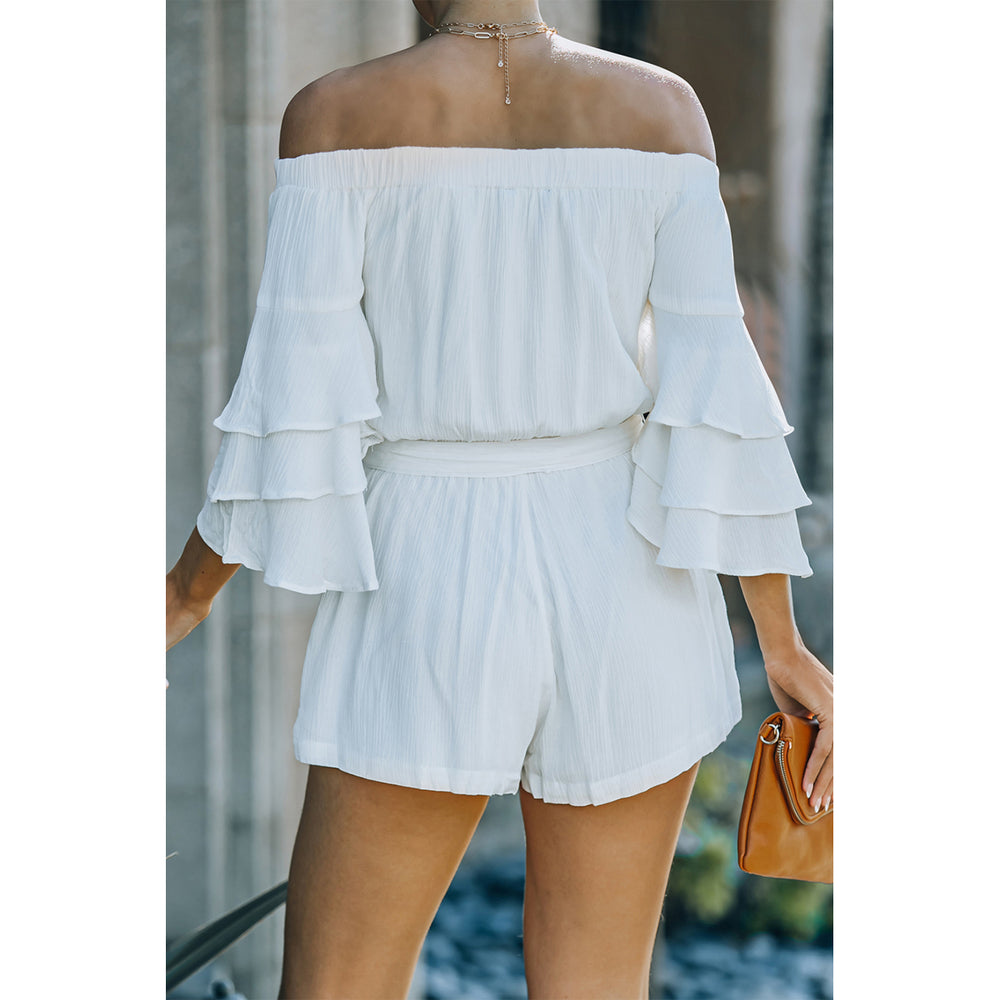 Womens White Tiered Ruffled 3/4 Sleeve Off Shoulder Romper Image 2