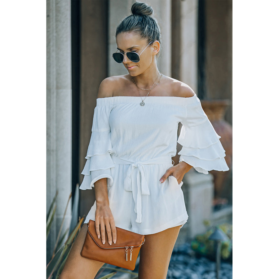 Womens White Tiered Ruffled 3/4 Sleeve Off Shoulder Romper Image 1