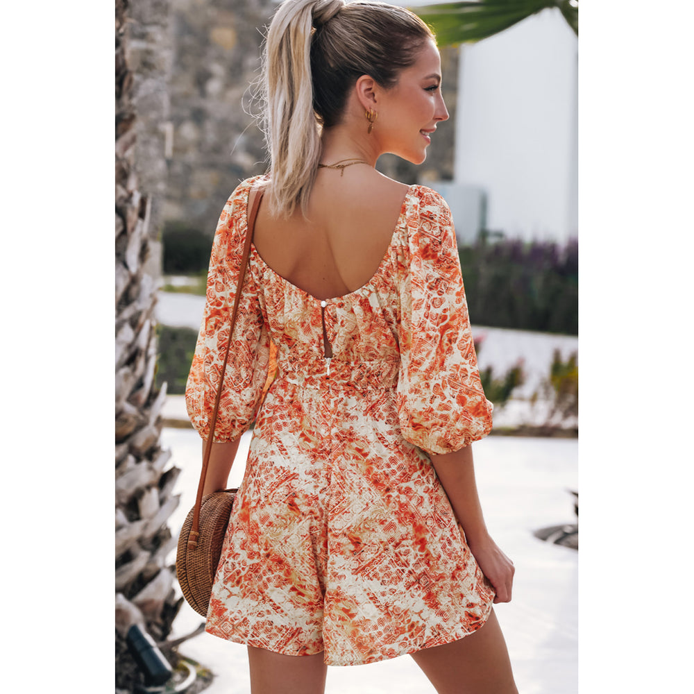 Womens Red Square Neck Printed Puff Sleeve Romper Image 2