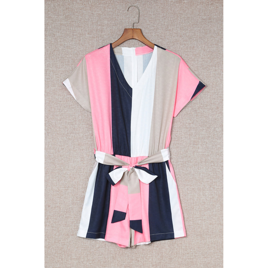Womens Striped Color Block Lace-up High Waist Romper Image 1