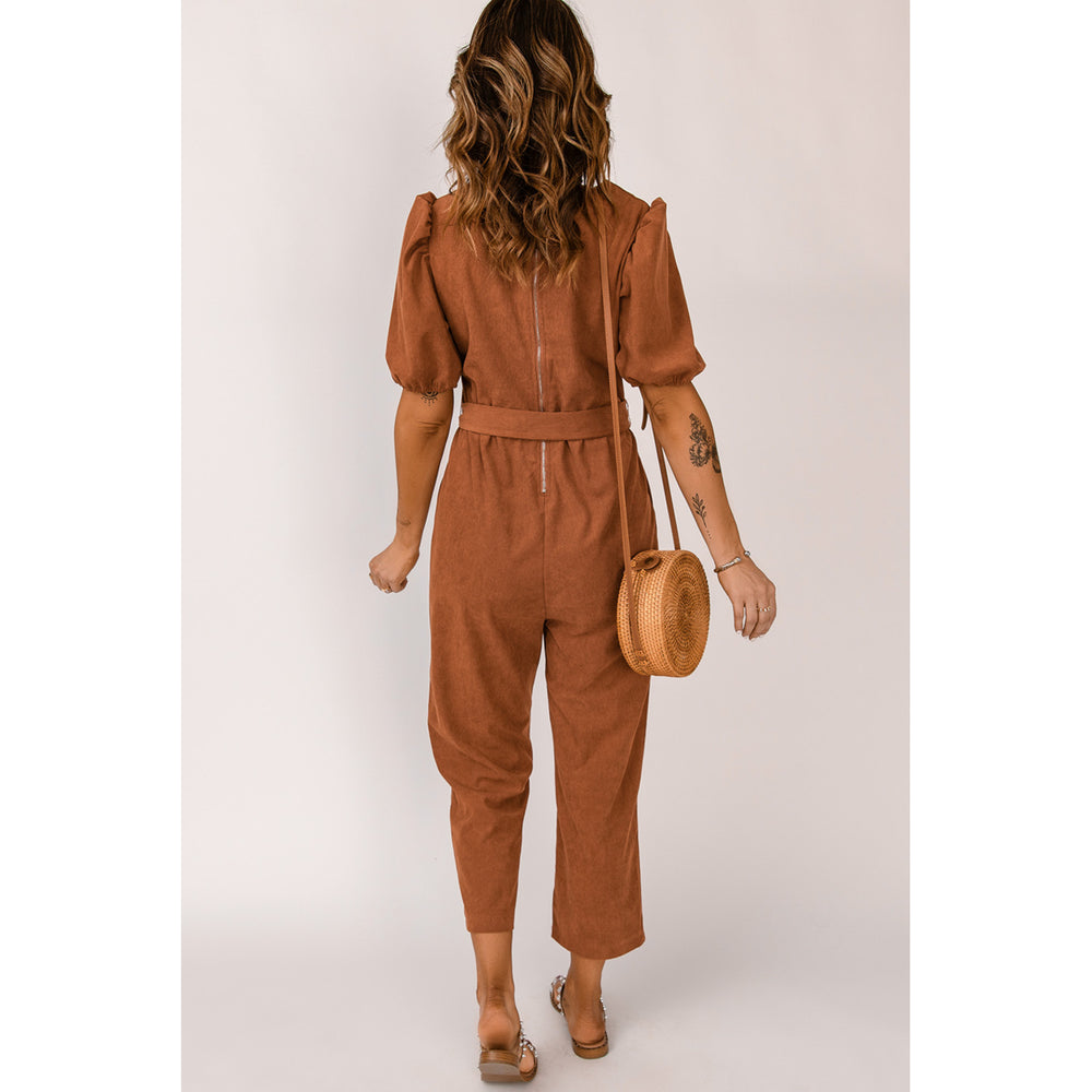 Womens Brown Tie Knot Puff Sleeve Straight Leg High Rise Jumpsuit Image 2