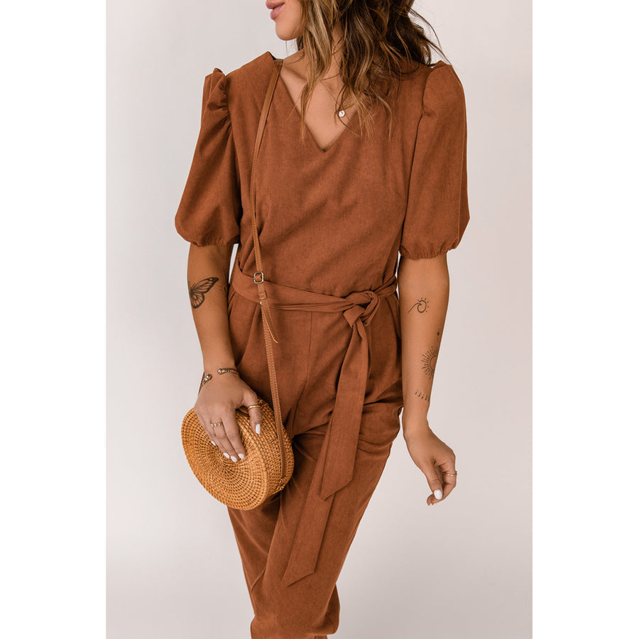 Womens Brown Tie Knot Puff Sleeve Straight Leg High Rise Jumpsuit Image 1