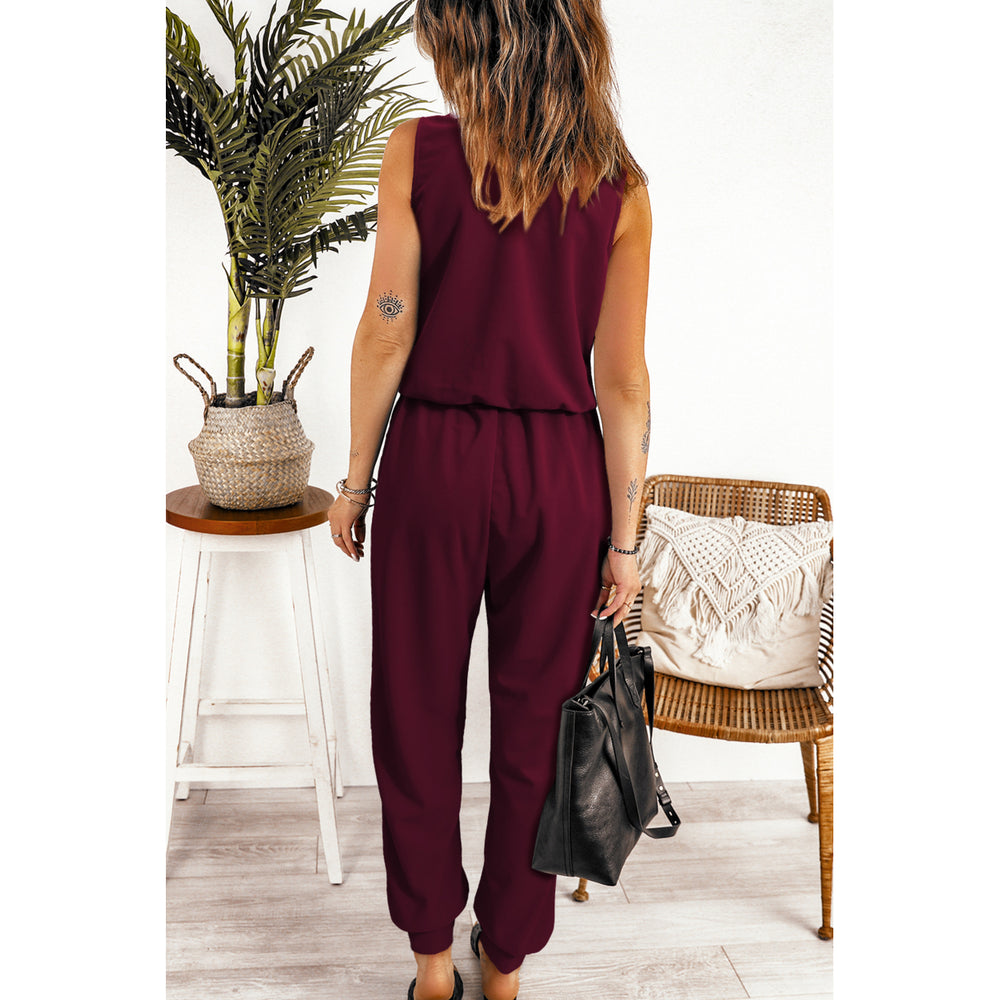 Womens Wine Red Deep V-neck Sleeveless Solid Jumpsuit Image 2