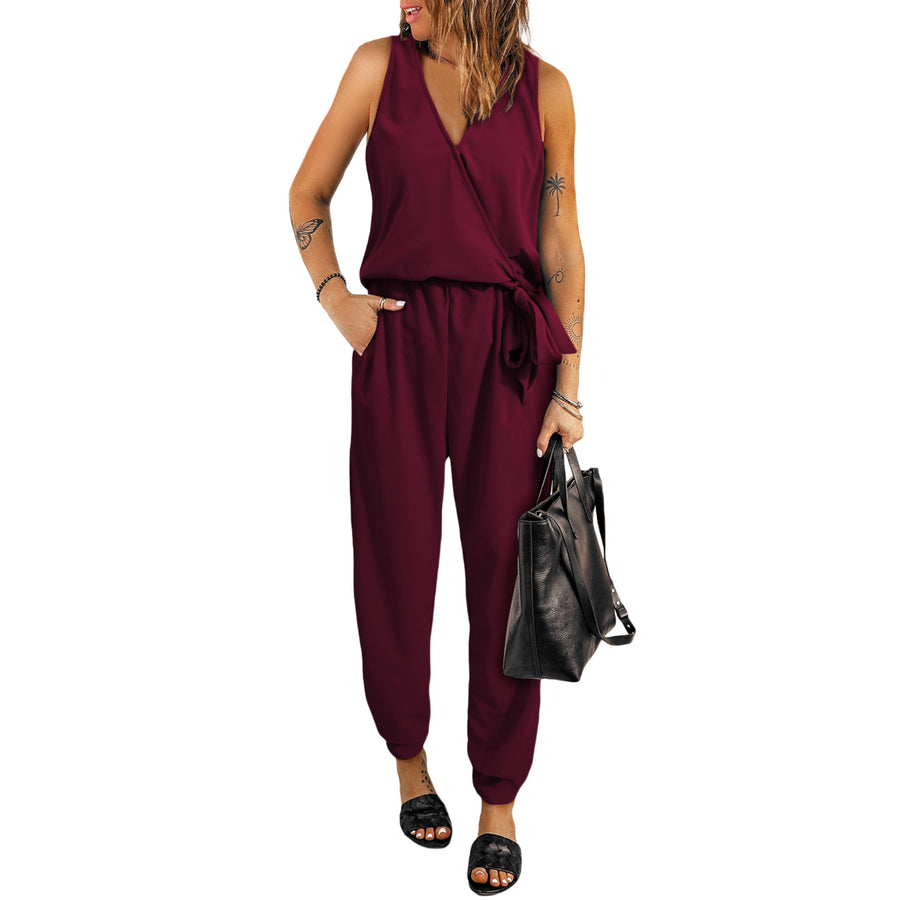 Womens Wine Red Deep V-neck Sleeveless Solid Jumpsuit Image 1
