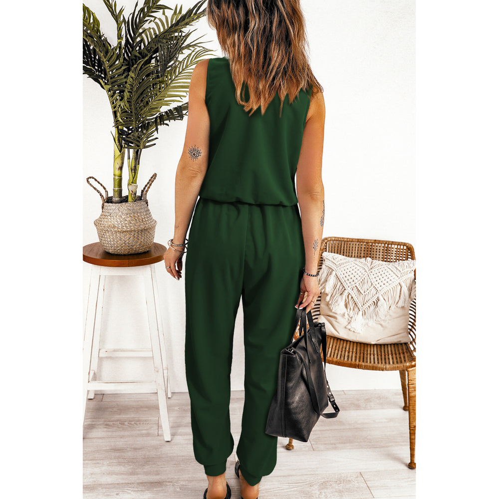 Womens Green Deep V-neck Sleeveless Solid Jumpsuit Image 2