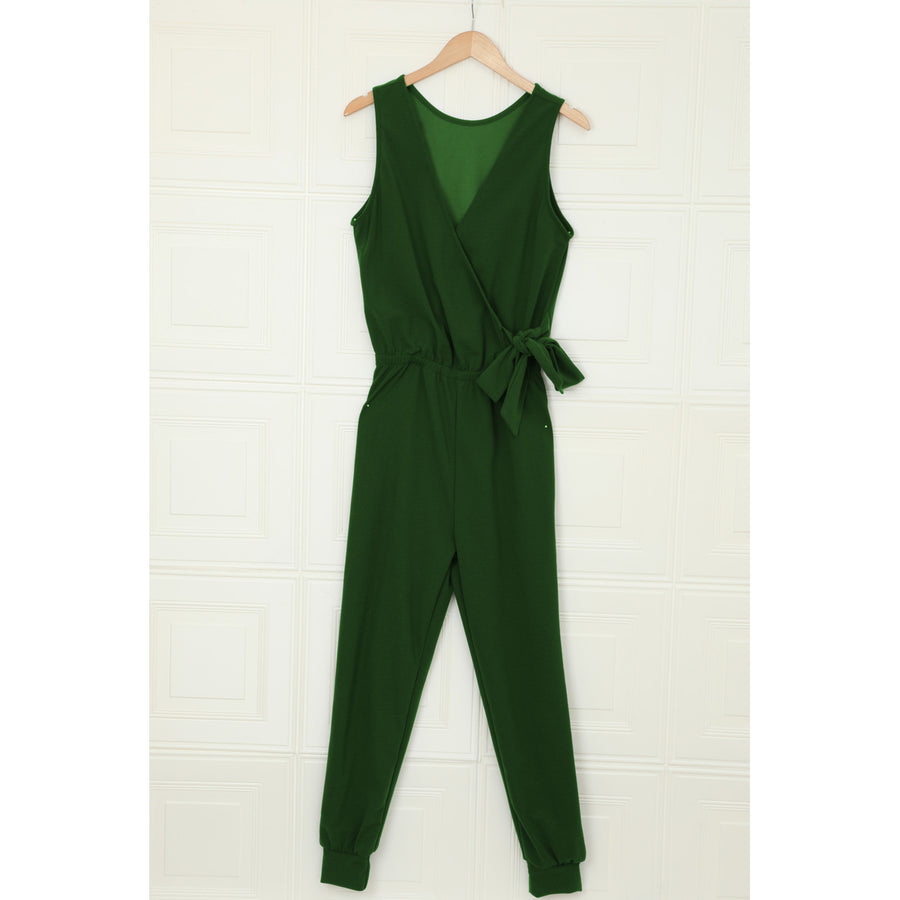 Womens Green Deep V-neck Sleeveless Solid Jumpsuit Image 1