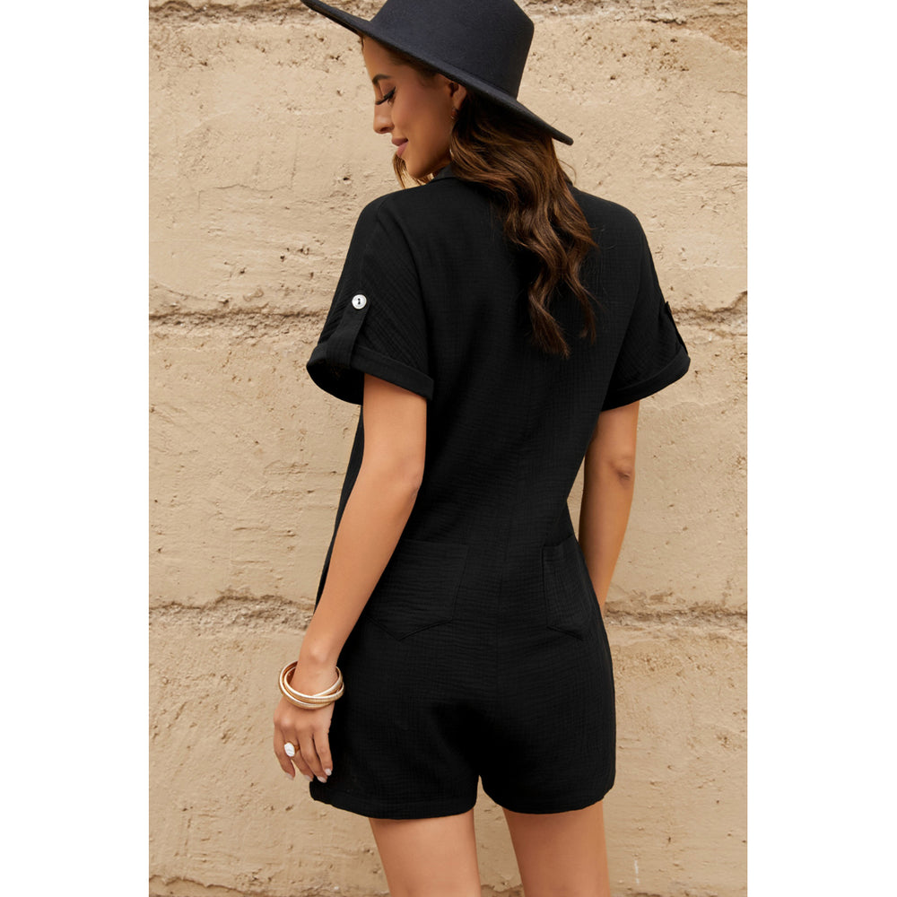 Womens Black Buttoned Short Sleeve Romper with Pockets Image 2