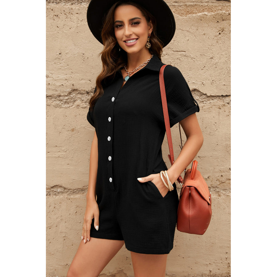 Womens Black Buttoned Short Sleeve Romper with Pockets Image 1