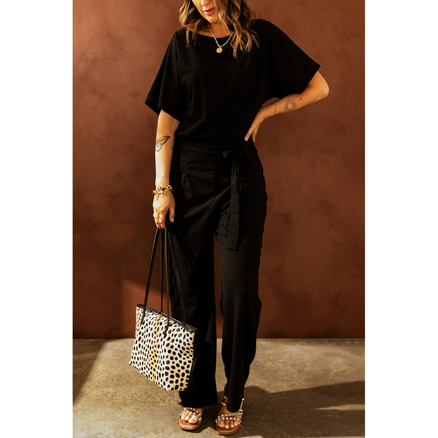 Womens Black Oh So Glam Belted Wide Leg Jumpsuit Image 1