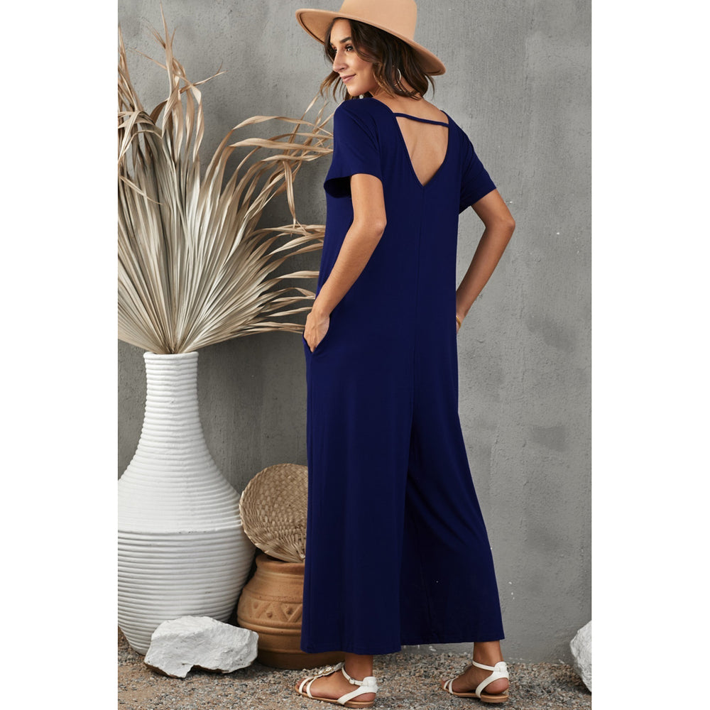 Womens Blue Solid Color Short Sleeve Wide Leg Jumpsuit with Pocket Image 2