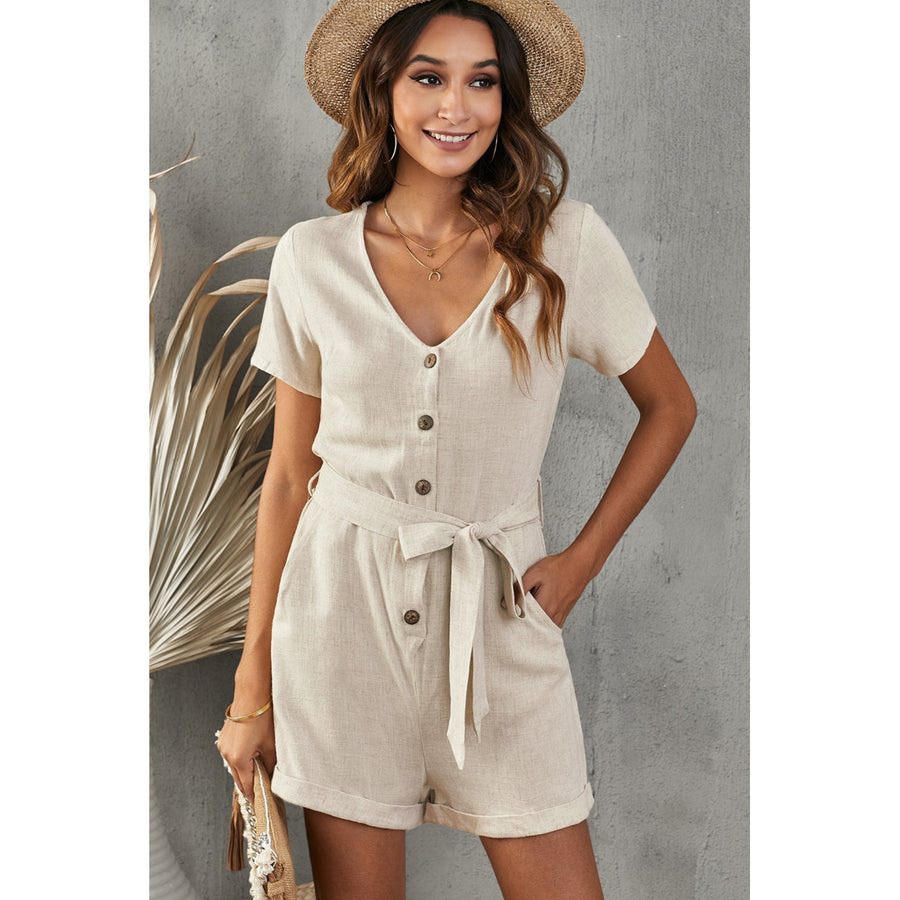 Womens Apricot V Neck Short Sleeve Buttons Belted Romper with Pockets Image 1