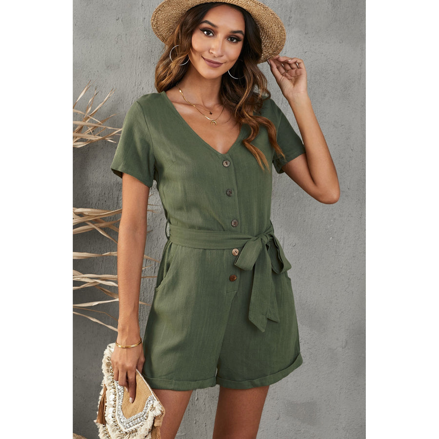 Womens Green V Neck Short Sleeve Buttons Belted Romper with Pockets Image 1