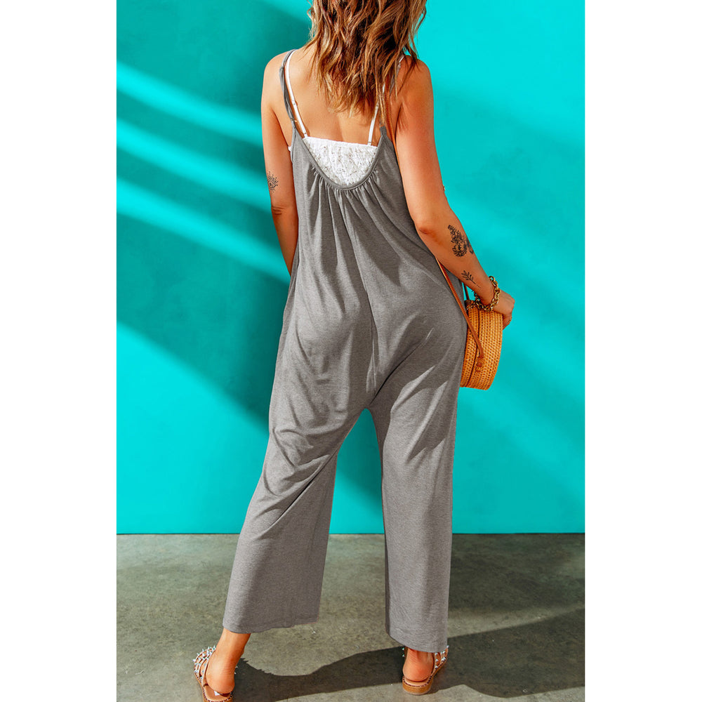 Womens Gray Spaghetti Straps Wide Leg Pocketed Jumpsuits Image 2