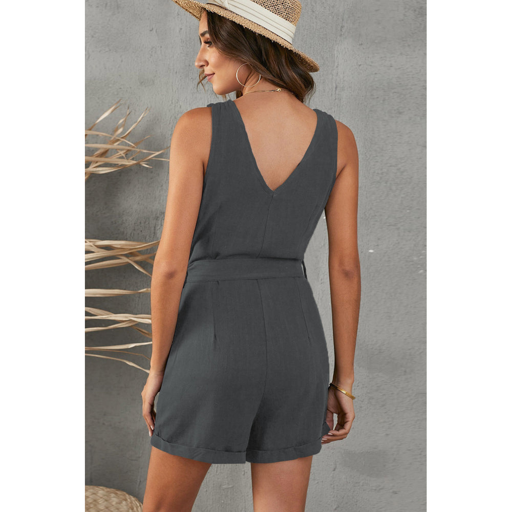 Womens Gray Button V Neck Romper with Belt Image 2
