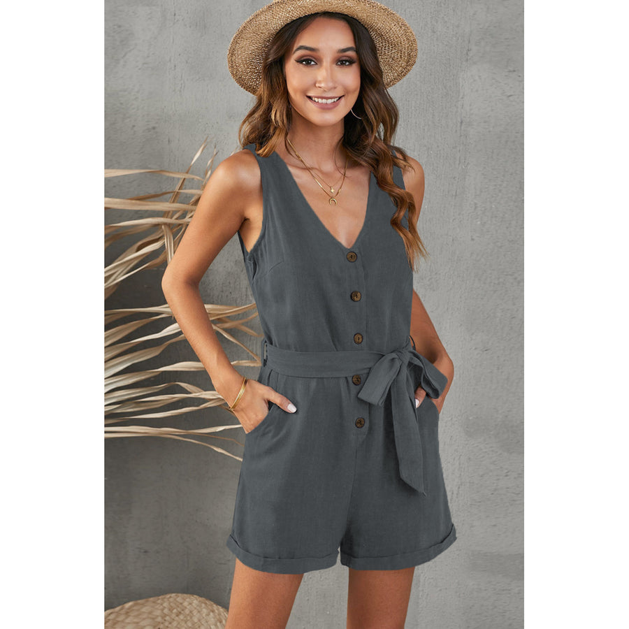 Womens Gray Button V Neck Romper with Belt Image 1
