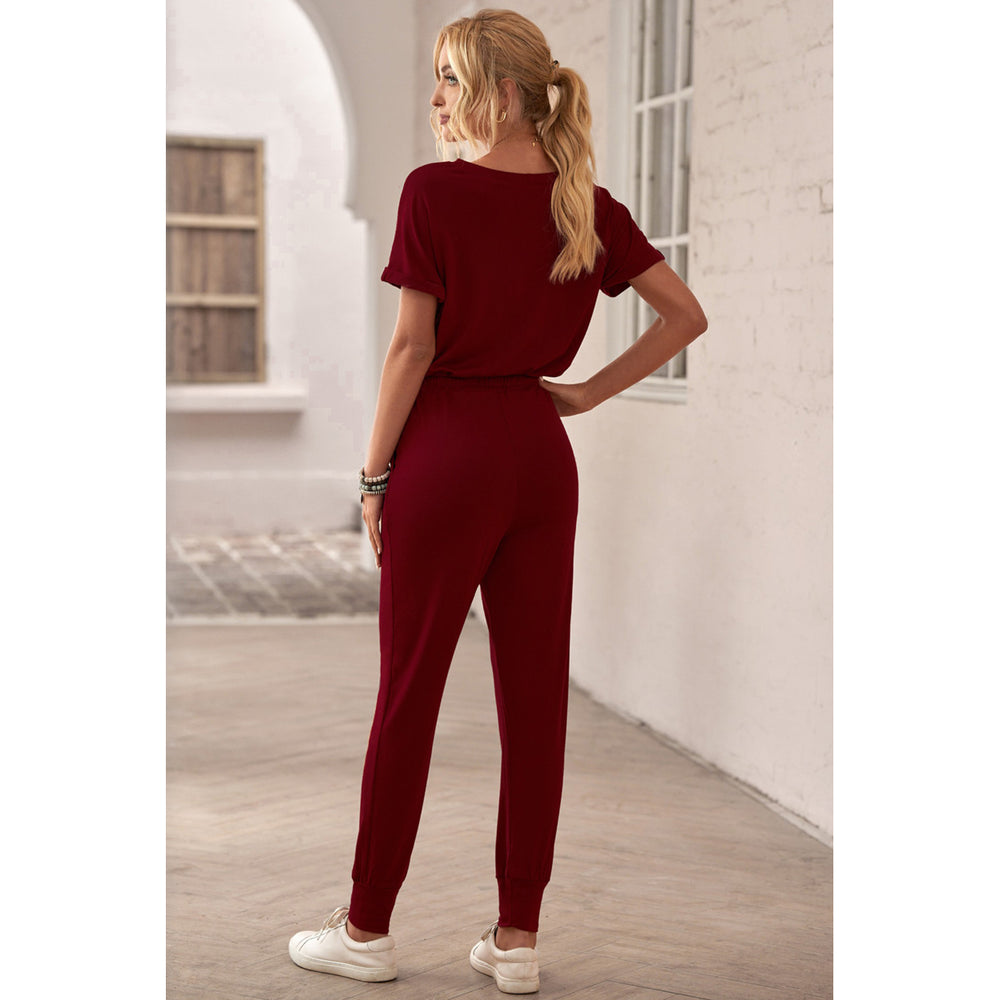 Womens Wine Red V Neck Wrap Front Jumpsuits Image 2
