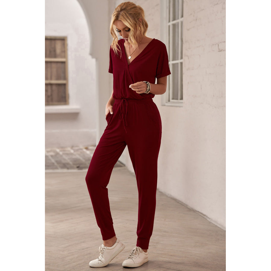 Womens Wine Red V Neck Wrap Front Jumpsuits Image 1